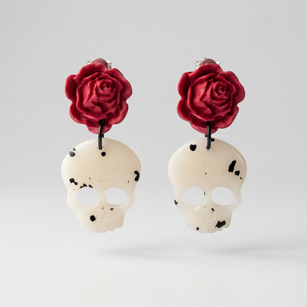 Pendientes Calavera con rosa fucsia