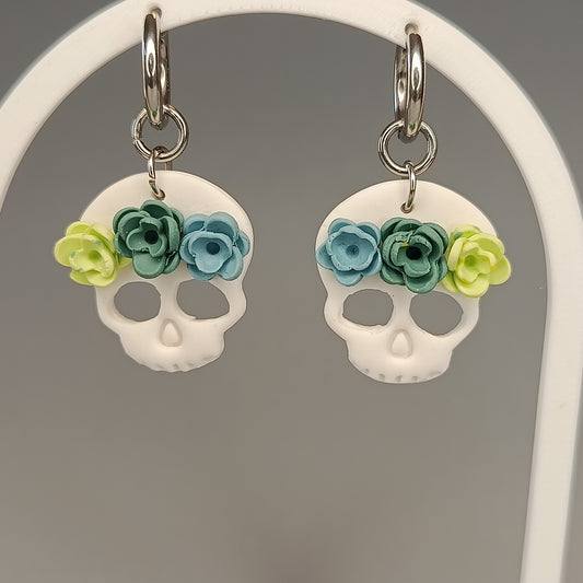 Pendientes Calavera con 3 flores verde